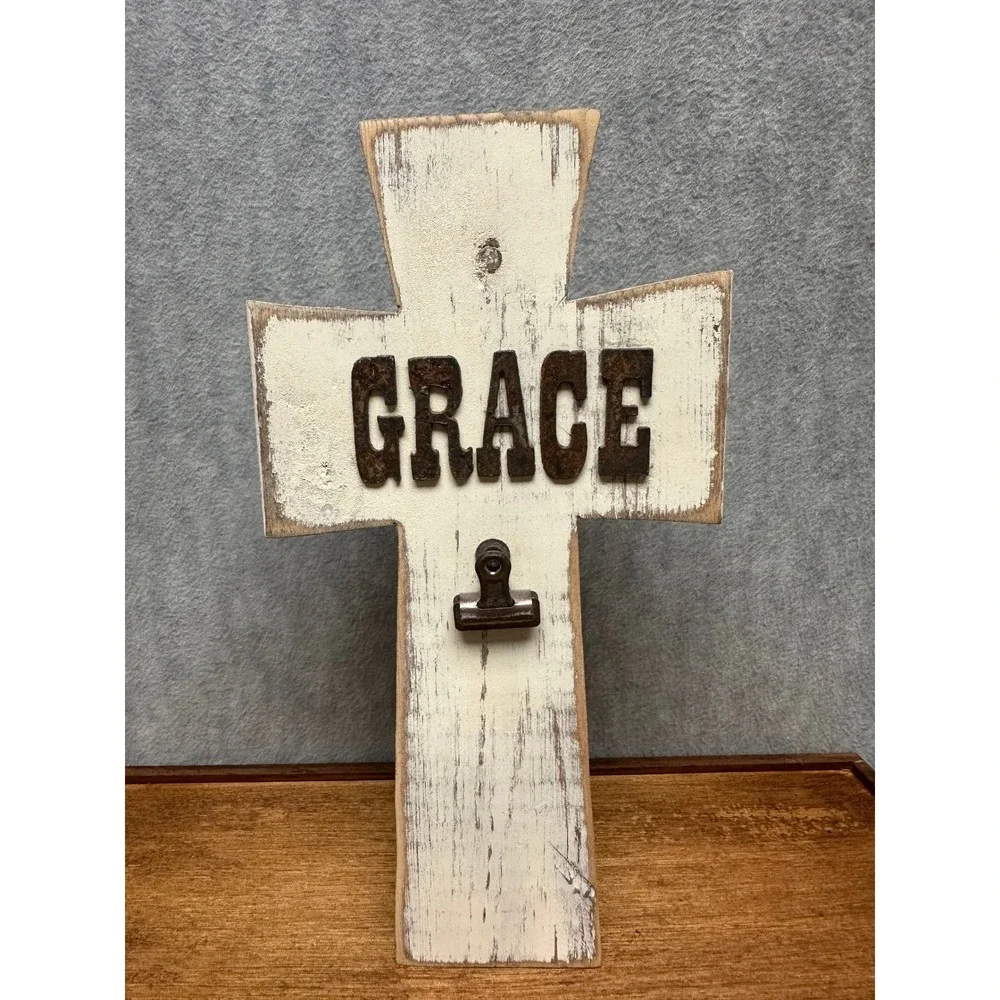 Wooden Grace Standing Cross White Distressed Rustic Metal Clip Decor
